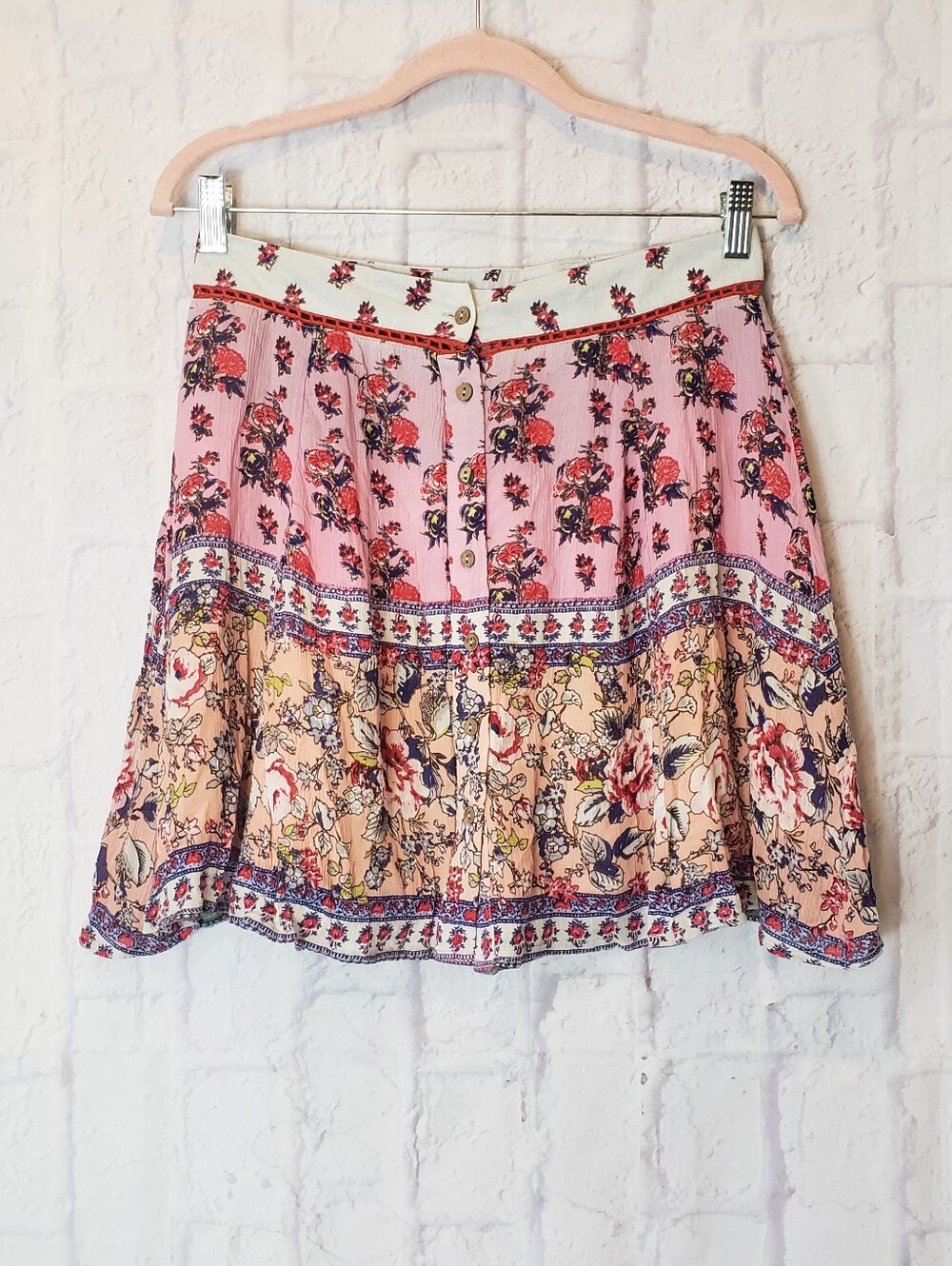 RAGA Floral Button Front BOHO Mini Skirt Medium